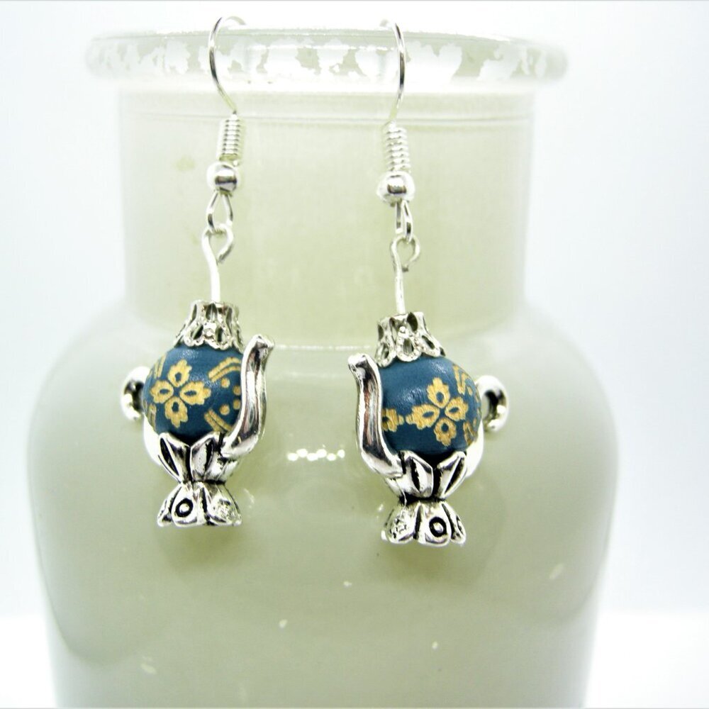 Handcrafted Teapot Earrings Dark Blue with Sterling Silver Hooks - Picture 3 of 7
